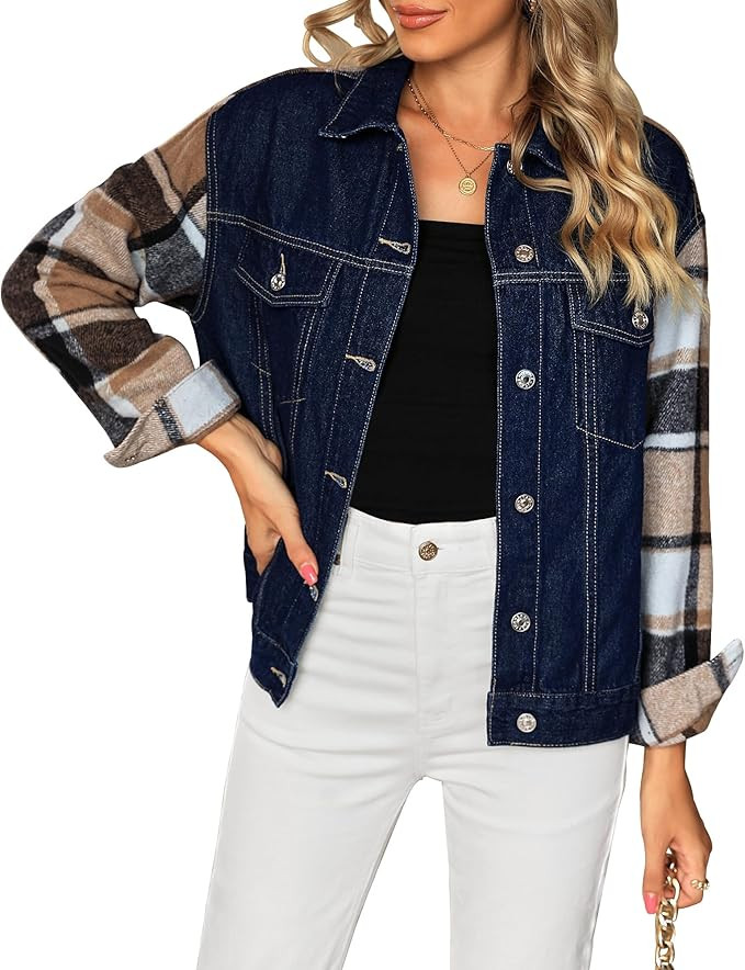 luvamia Jean Jackets for Women Fashion Flannel Plaid Shacket Jacket Oversized Button Down Trucker... | Amazon (US)