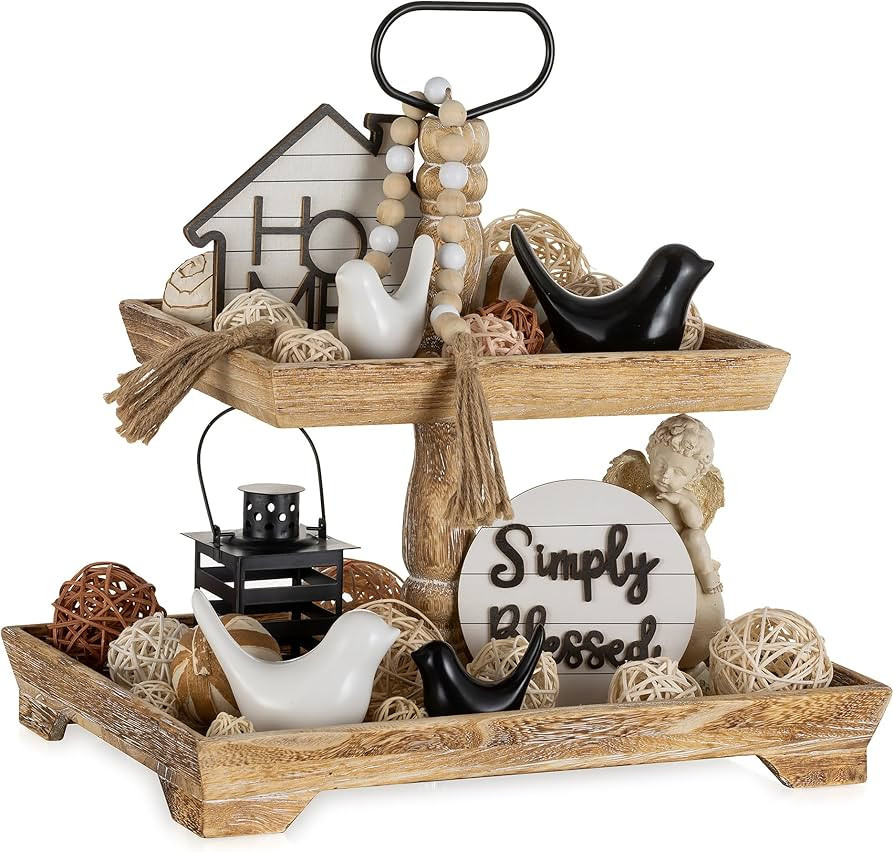Hanobe Tiered Tray for Table Decor: 2 Tier Serving Stand Farmhouse Decorative Tray for Coffee Bar... | Amazon (US)