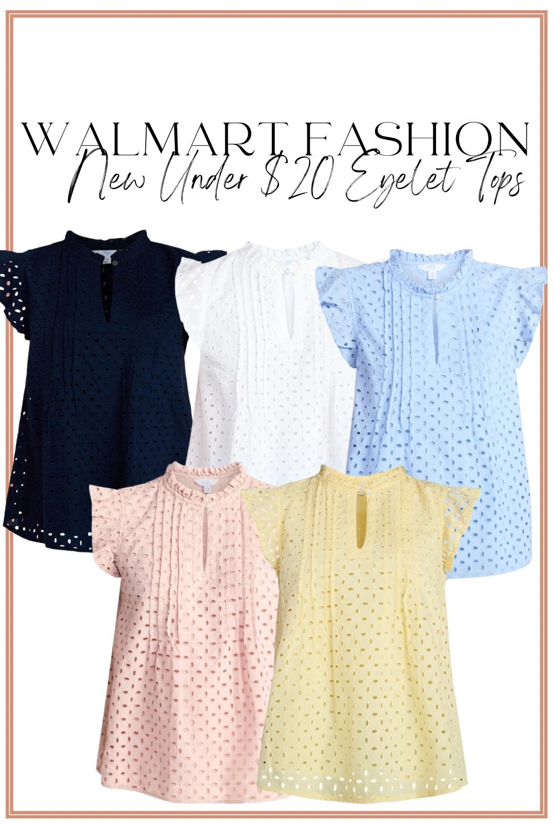 Walmart fashion is SO good right now and these under $20 eyelet tops are proof 🤍🌸 The prettiest feminine details with flutter sleeves, delicate eyelet fabric, and the sweetest spring colors — navy, white, blush pink, soft yellow, and baby blue!

These are perfect for:
• spring outfits
• teacher outfits
• workwear looks
• Easter outfits
• casual mom style
• layering under cardigans + denim jackets

They look boutique but are SUCH a good budget-friendly find. Walmart spring fashion is seriously stepping up this season!

#WalmartFashion #WalmartFinds #SpringTops #EyeletTop #AffordableFashion #WalmartStyle #SpringOutfits #TeacherStyle #MomStyle #BudgetFriendlyFashion #EasterOutfitIdeas
