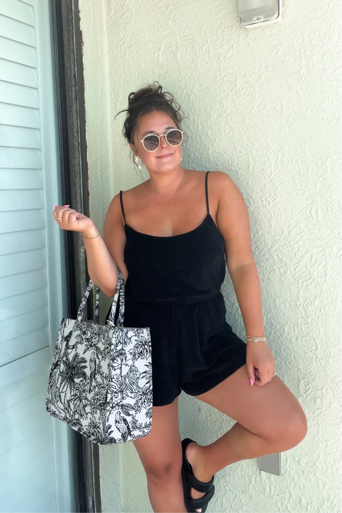 casual vacation morning outfit 🌞 beach style • romper • printed tote bag • strap sandals • Amazon sunglasses 

#LTKtravel #LTKunder50 #LTKSeasonal