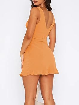 Women Sleeveless Sexy V Neck Bodycon Mini Dress Summer Side Slit Mesh Irregular Ruffle Hem Backle... | Amazon (US)