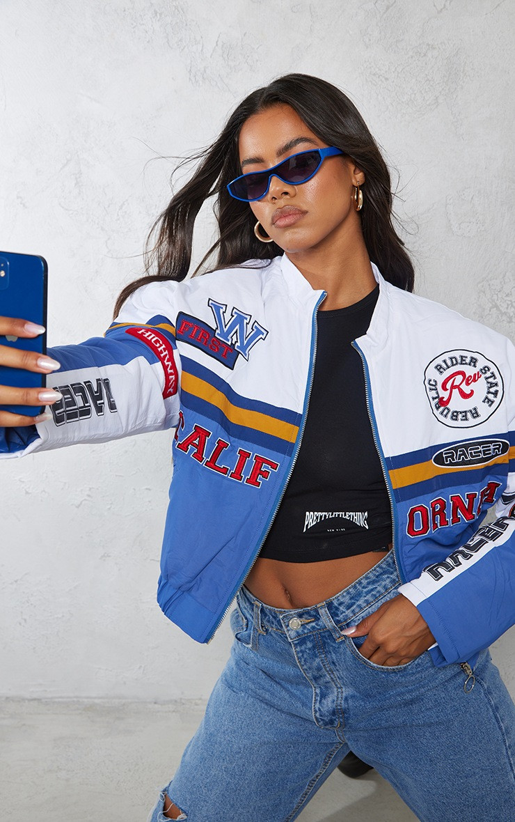 Blue Oversized Graphic Zipped Racer Bomber Jacket | PrettyLittleThing US