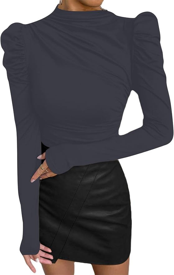 Avanova Women's Elegant Mock Neck Blouse Tops Puff Long Sleeve Ruched Work Shirts | Amazon (US)