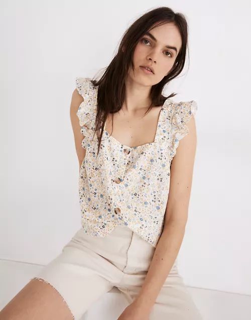 Linen-Blend Ruffle-Strap Button-Up Tank Top in Folkmagic Floral | Madewell