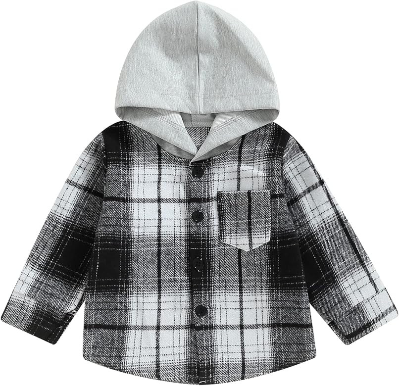 AEEMCEM Kids Toddler Boys Girls Long Sleeve Button Down Hooded Plaid Shirt Hoodie Jacket Tops Coa... | Amazon (US)
