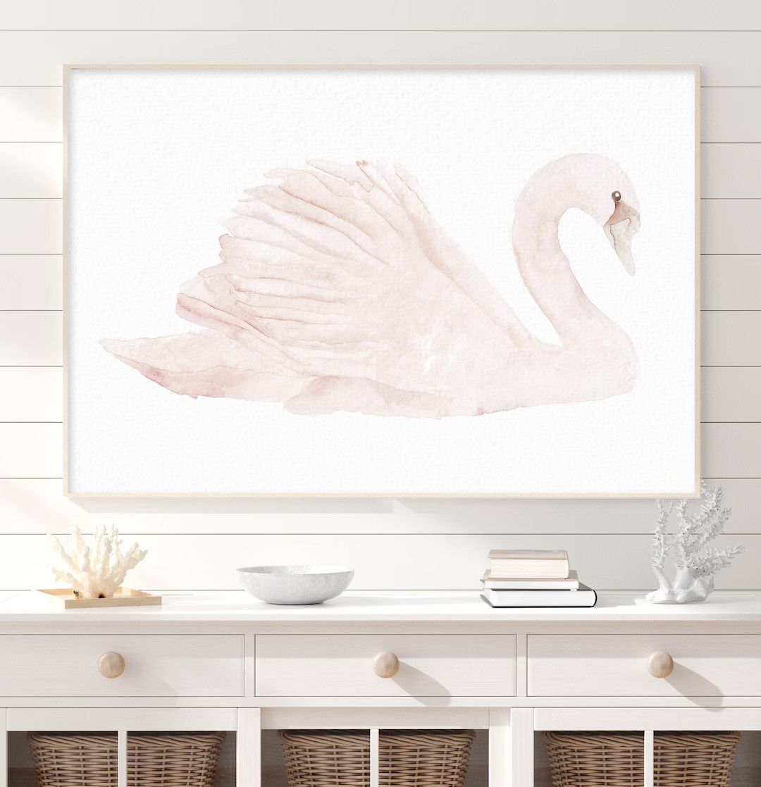 Swan Watercolor Print, Minimalist Blush Pink Feather Pink Bird, Swan Painting, Nature Wall Decor,... | Etsy (US)