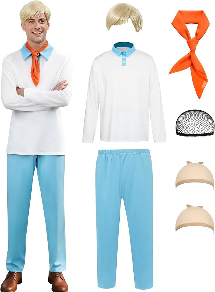 Mens Classic Movie Costume 5 Pcs Shirt Pants Set with Blonde Wig Orange Scarf Wig Cap Halloween C... | Amazon (US)