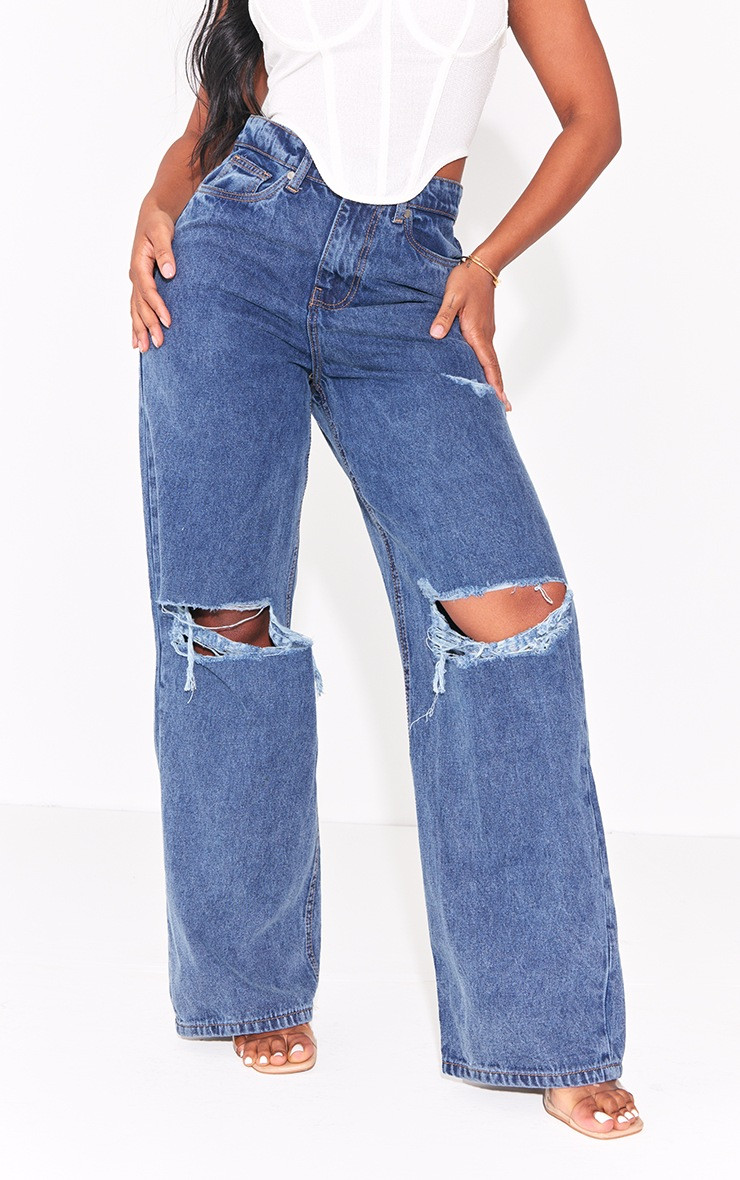 PRETTYLITTLETHING Shape Vintage Wash Extreme Rip Wide Leg Jeans | PrettyLittleThing US
