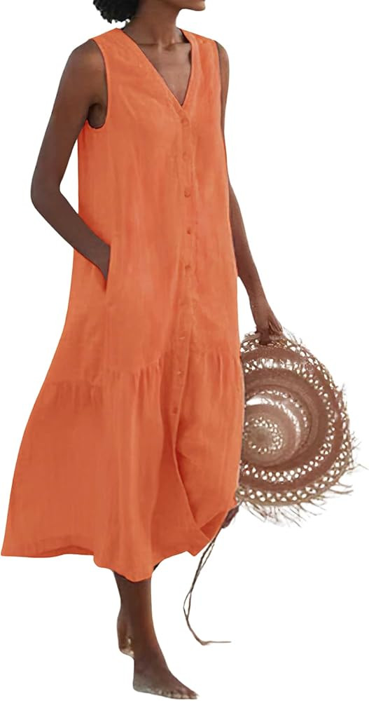 chouyatou Women's Summer Sleeveless Button Down Cotton Tank Dress Loose A-Line Tiered Tunic Beach... | Amazon (US)