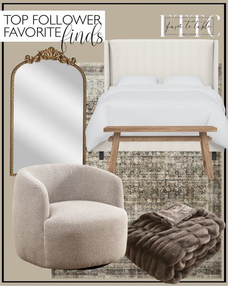Top Follower Favorite Finds. Follow @farmtotablecreations on Instagram for more inspiration. Arijit 34" Wide Boucle Upholstered Swivel Armchair. Better Homes & Gardens Dk Brown Polyester Faux Fur Reverse to Mink Throw Blanket. Better Homes & Gardens 20" x 30" Arch Metal Wall Mirror Décor in Gold. Amber Lewis x Loloi Morgan Navy / Sand Area Rug feat. CloudPile. Tilly Upholstered Bed. Milani Solid Wood Bench. Bedroom Decor. Walmart Home Finds. Wayfair End Of Year Sale. 

#LTKfindsunder50 #LTKhome #LTKsalealert