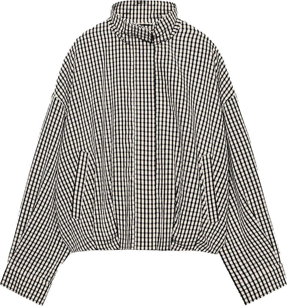 Women's Gingham Jacket Loose Zip Up Stand Collar Cropped Bomber | Amazon (US)