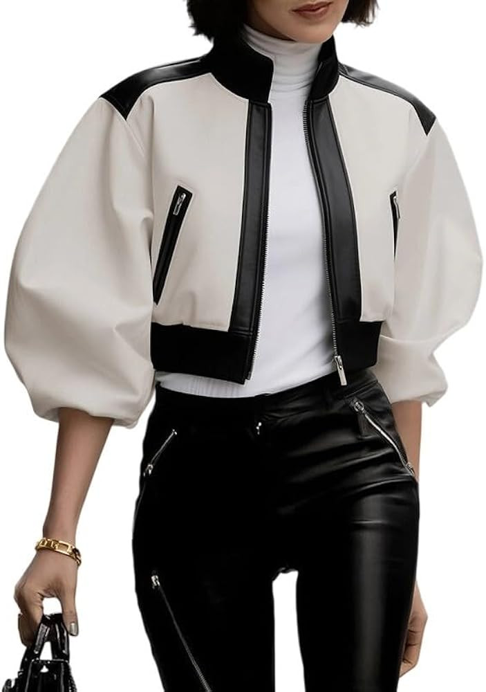 UOOZEE Women's Color Block Cropped Bomber Jacket Faux PU Leather 3/4 Puff Sleeve Streetwear Zip U... | Amazon (US)