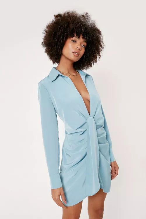 Plunging Tie Front Mini Shirt Dress | Nasty Gal (US)