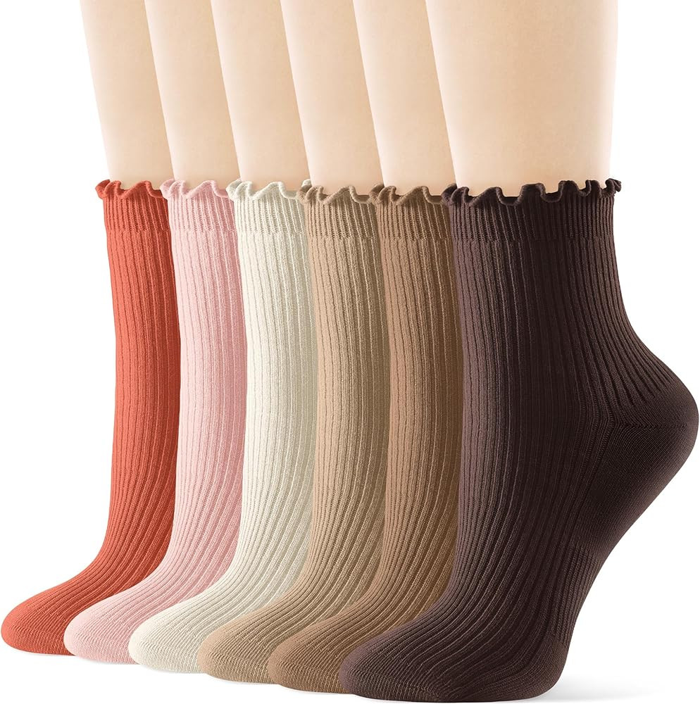 FITRELL 6 Pairs Ruffle Socks, Womens Soft Breathable Cute Lettuce Ankle Crew Frilly Socks | Amazon (US)
