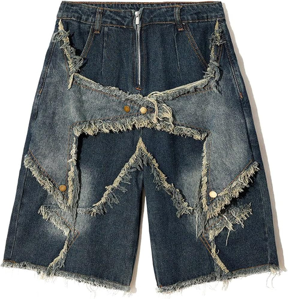 Vamtac Mens Patchwork Denim Shorts Straight Leg Star Jeans Unisex Steetwear Y2K Jorts for Men and... | Amazon (US)