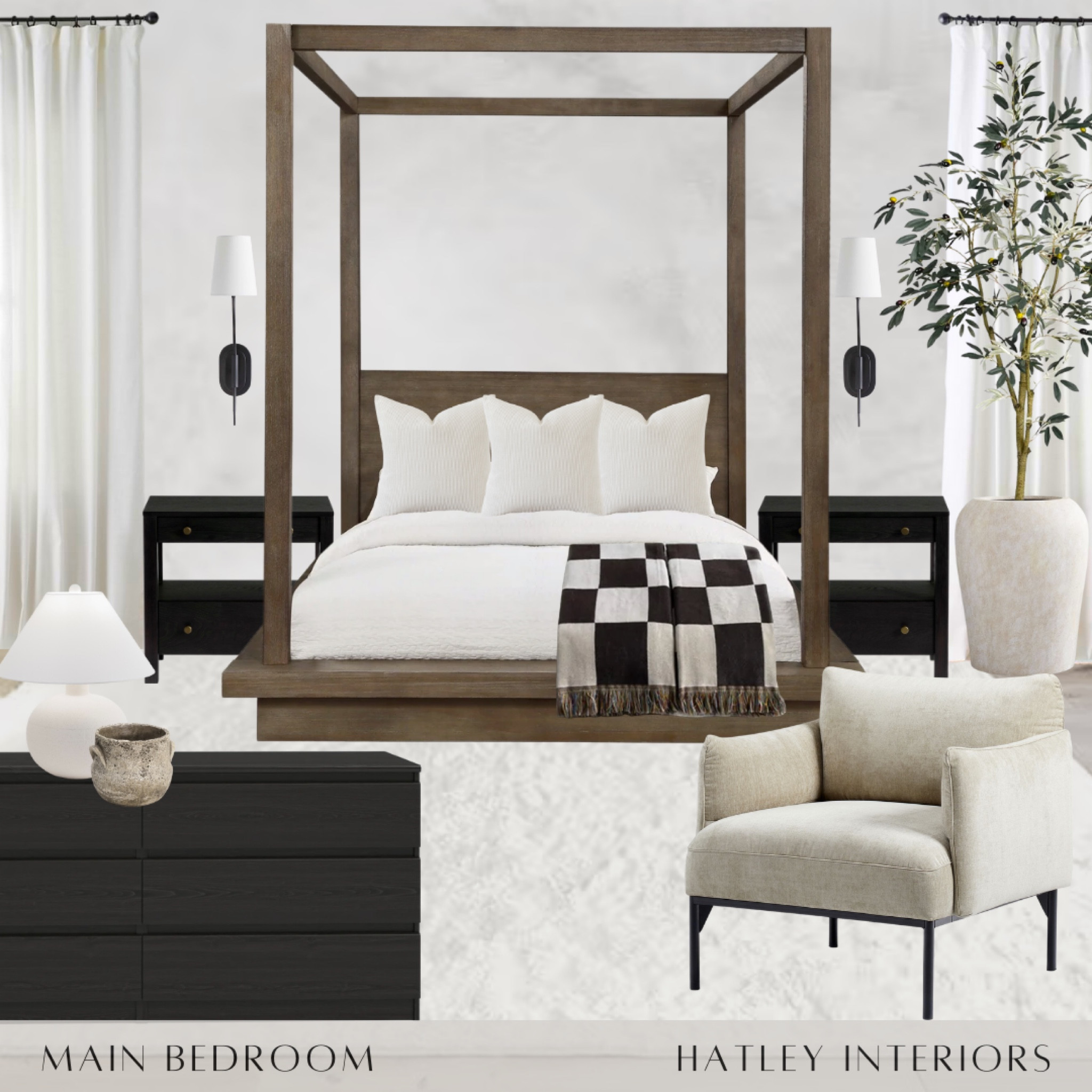 main bedroom mood board inspo //

bedroom decor, bedroom design, wood canopy bed, restoration hardware canopy bed dupe, lime wash walls, black dresser, neutral bedroom, home decor 

#LTKFind #LTKhome #LTKunder100