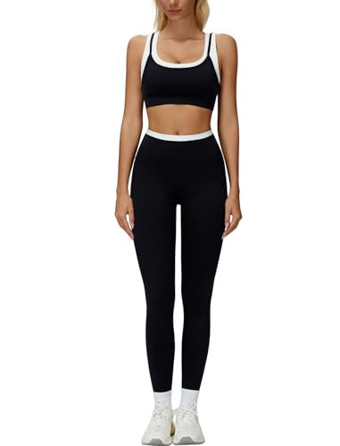 2 Piece Workout Sets for Women Color Block Racerback U Back Crop Tank Sports Bra Matching Tummy Control Leggings Womens Two Piece Active Wear Set Athletic Gym Yoga Pilates Outfits Black S | Amazon (US)
