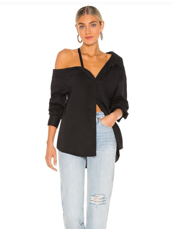L'Academie Black Off-Shoulder Button-Down Blouse | Poshmark
