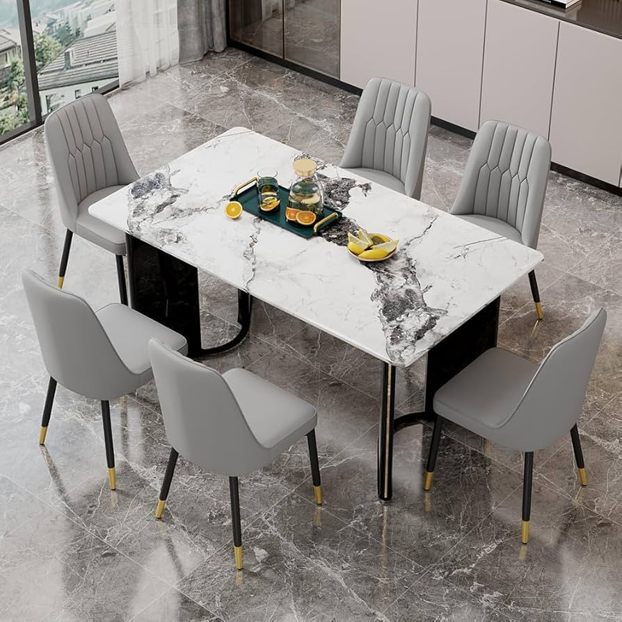 Dining Table Set for 6, Kitchen Table and Chairs for 6, White Faux Marble Pattern Table with 6 Mo... | Amazon (US)