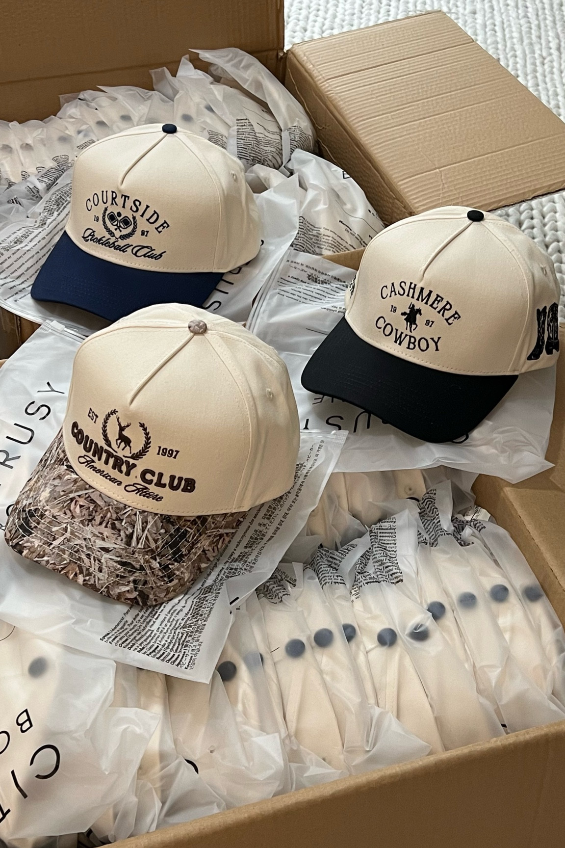 VINTAGE TRUCKER HATS✨ | we launched our 3 new hat designs!! Navy Pickleball, Camo Country Club & Black Cashmere Cowboy trucker hats! Check out our brand Citrusy Boutique on Amazon 🥰

#LTKstyletip #LTKfindsunder50