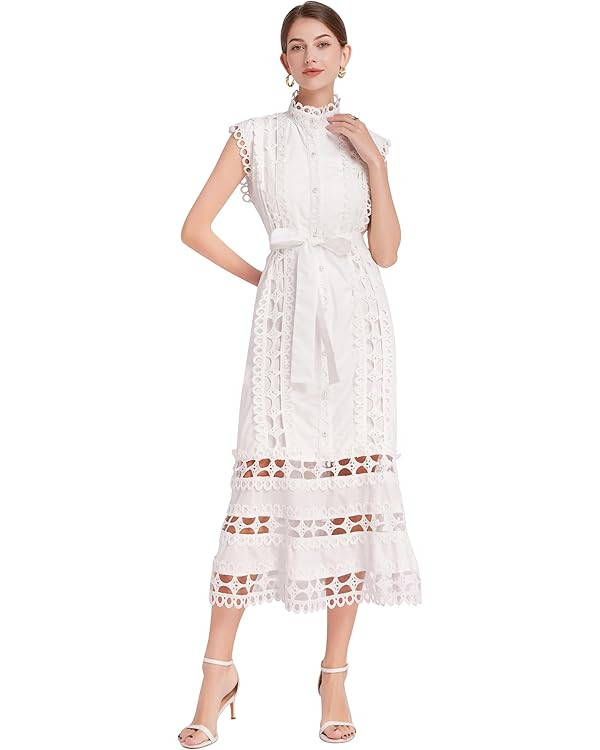 LAI MENG FIVE CATS Women's Sleeveless Hollow Out Lace Button Up Casual Midi Party Dress with Belt | Amazon (US)