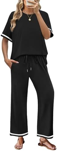 Sampeel 2 Piece Sets for Women Casual Summer Travel Vacation Outfits Short Sleeve Lounge Set | Amazon (US)