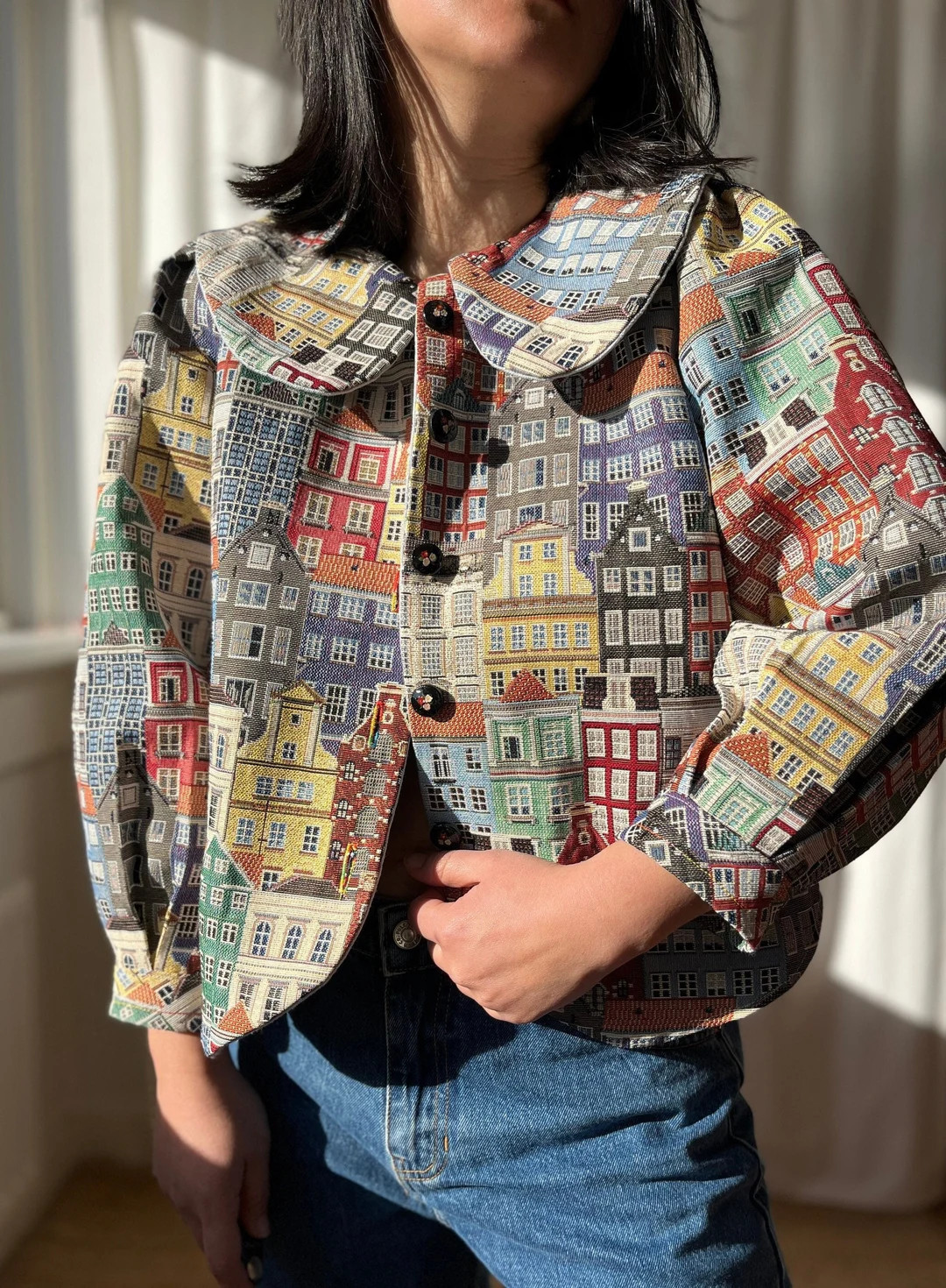 Vintage inspired Peter Pan Collar Light Jacket with bracelet sleeves - Made from Canal Houses Tap... | Etsy (US)