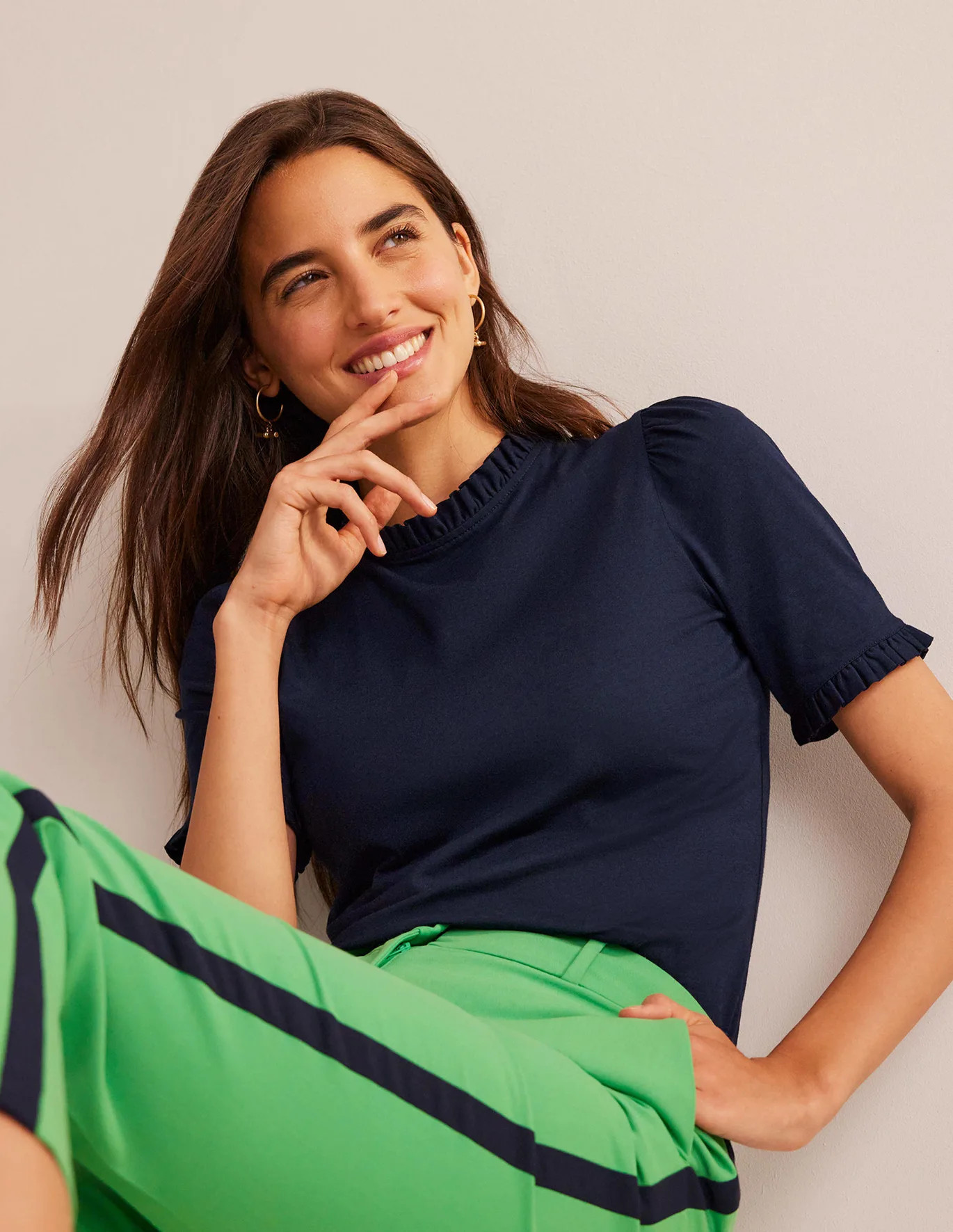 Supersoft Frill Detail T-shirt - Navy | Boden (US)