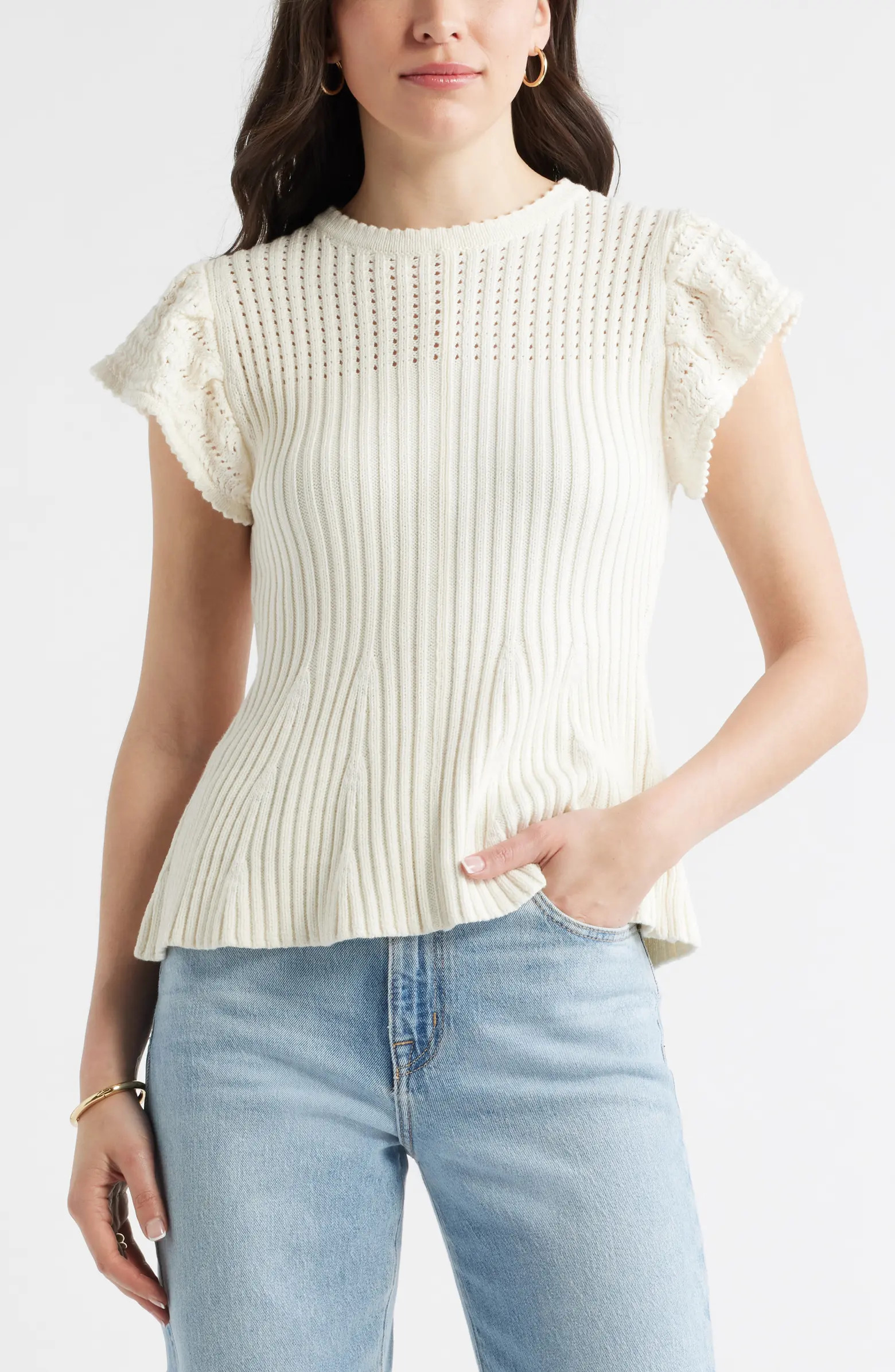 Flutter Sleeve Pima Cotton Sweater | Nordstrom