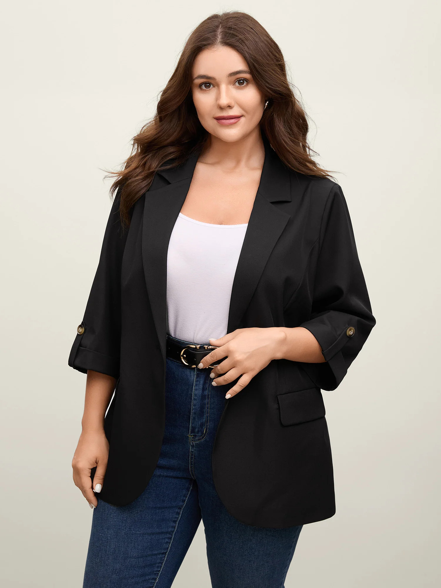 Tab Sleeve Pockets Solid Blazer | Bloomchic