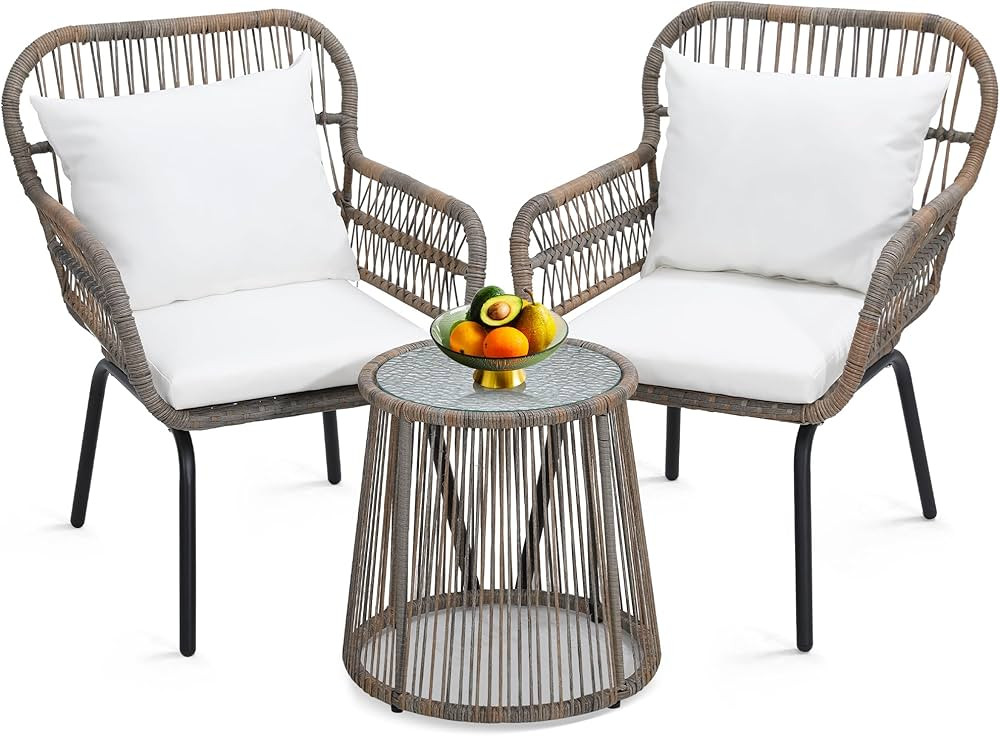 3 Pieces Rattan Wicker Bistro Set, Outdoor Conversation Set, Wicker Furniture Set with Glass Top ... | Amazon (US)