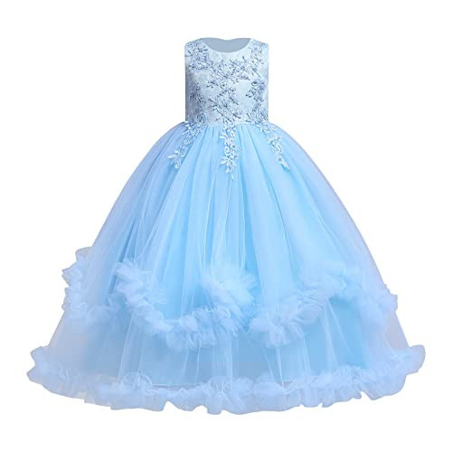 Flower Girl Maxi Gown for Kids Boho Lace Ruffle Tulle Pageant Princess Long First Communion Wedding Bridesmaid Formal Prom Birthday Party Dance Evening Dresses Photo Shoot Light Blue-tassel 9-10 Years | Amazon (US)
