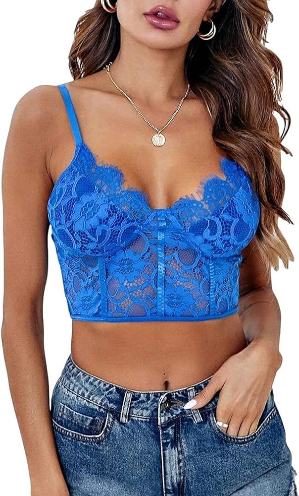 Lilosy Sexy Floral Lace Crop Cami Top Sheer Wirefree Longline Bralette | Amazon (US)