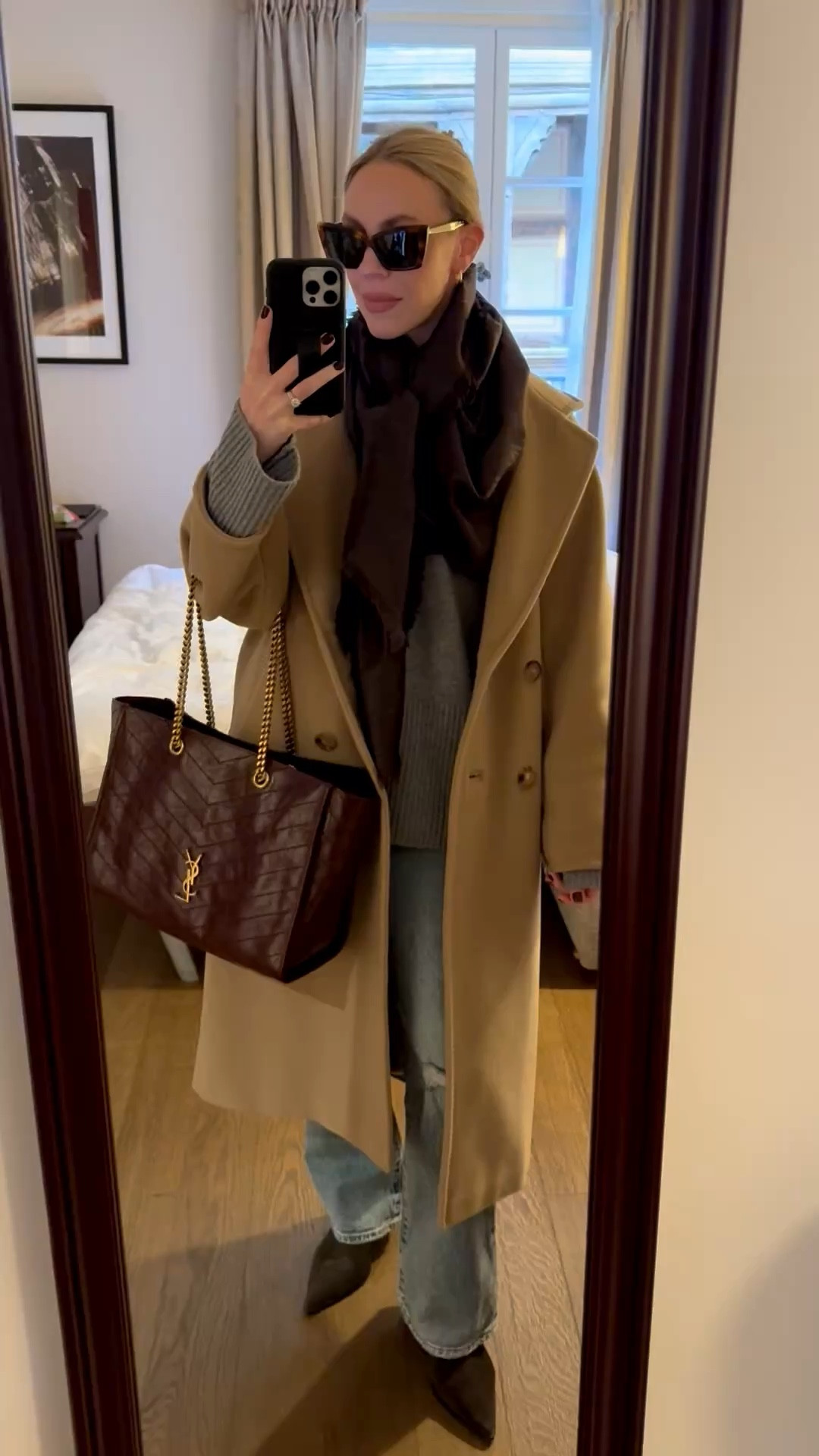 Travel look, camel coat, brown YSL monogram scarf, camel coat, @Levi's bootcut jeans, spring outfit, burgundy Saint Laurent tote bag

#LTKSaleAlert #LTKTravel #LTKOver40