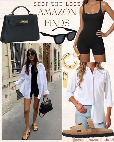 Pinterest Inspired Look!
Black bodysuit, white button down, chunky sandals and black accessories. The perfect summer outfit, all styled from Amazon.

#LTKStyleTip #LTKItBag #LTKShoeCrush