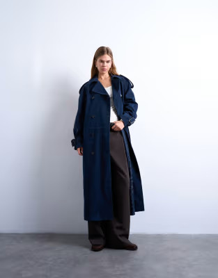 Longline oversized faux suede trench coat in navy | Topshop