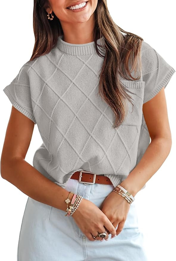 Saodimallsu Womens Summer Mock Neck Sweater Cap Short Sleeve Sweater Vest Casual Loose Knit Pullo... | Amazon (US)