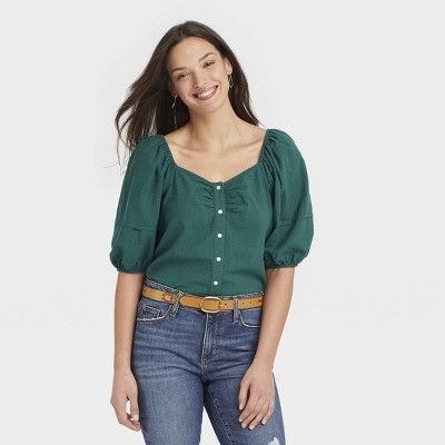 Women&#39;s Puff Short Sleeve Button-Front Blouse - Universal Thread&#8482; Teal Green S | Target
