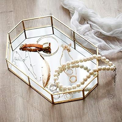FUNYAOO Tray Mirror, Gold Mirror Tray Perfume Tray Vanity Tray Dresser Tray Ornate Tray Metal Dec... | Amazon (US)