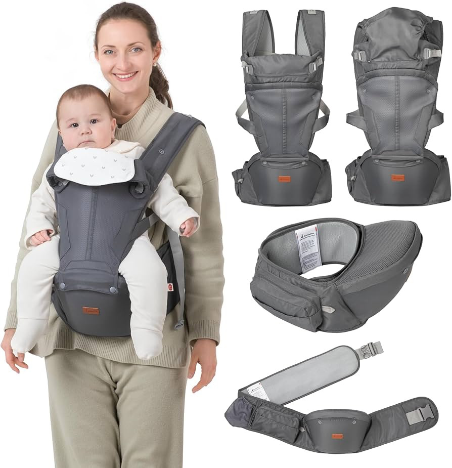 BabbleRoo 6-in-1 Baby Carrier with Hip Seat, Ergonomic, Cozy & Adjustable Toddler Carrier 7-50 lbs with Hip & Lumbar Support, Hood for Sun Protection, Baby Carrier Newborn to Toddler, Gray | Amazon (US)