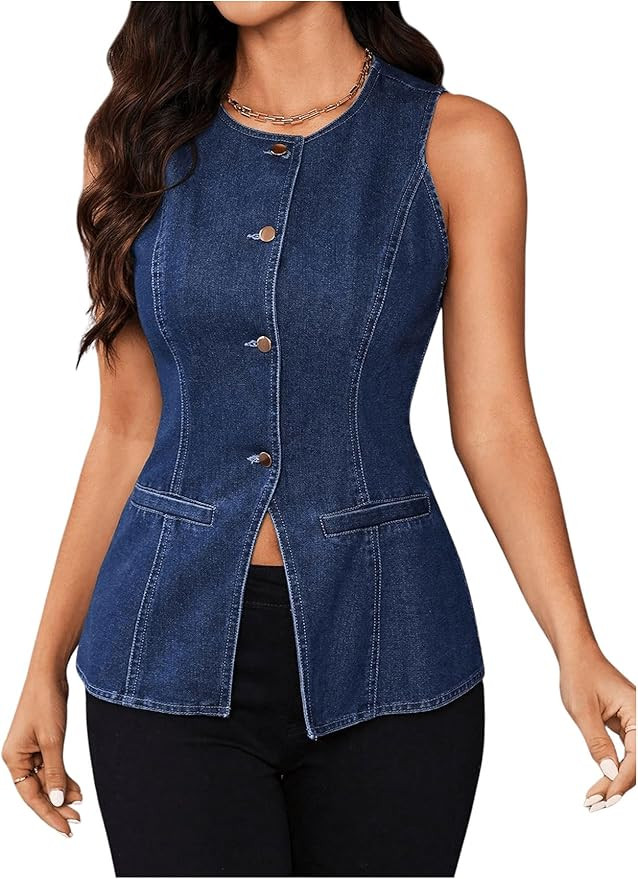 Milumia Women's Denim Vest Top Sleeveless Button Split Hem Jean Waistcoat Tank Tops | Amazon (US)
