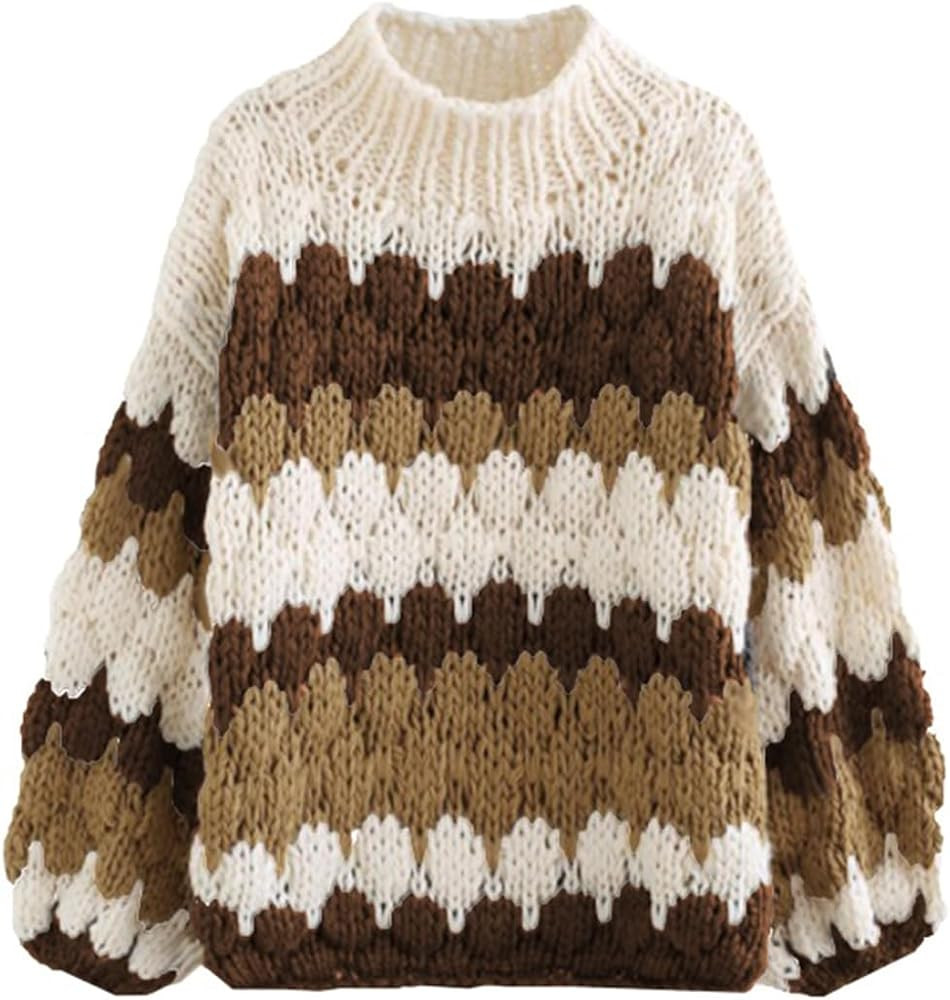 ZAFUL Womens Cute Sweaters Trendy 2024 Color Block Pullover Sweater Cable Knit Jumper Tops | Amazon (US)