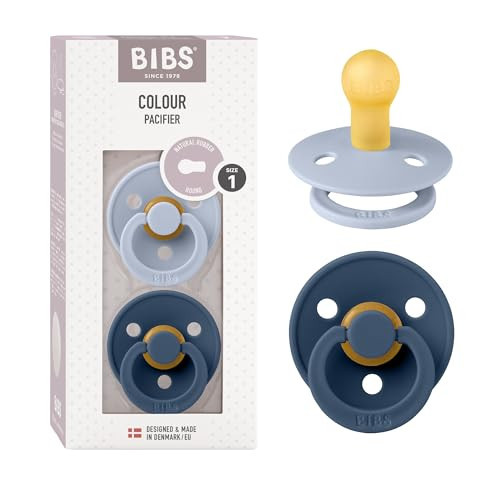 BIBS Pacifiers Colour Collection | Natural Rubber Baby Pacifier | Set of 2 BPA-Free Soothers | Made in Denmark | 0+ Months (Pack of 2) | Dusty Blue/Steel Blue | Amazon (US)