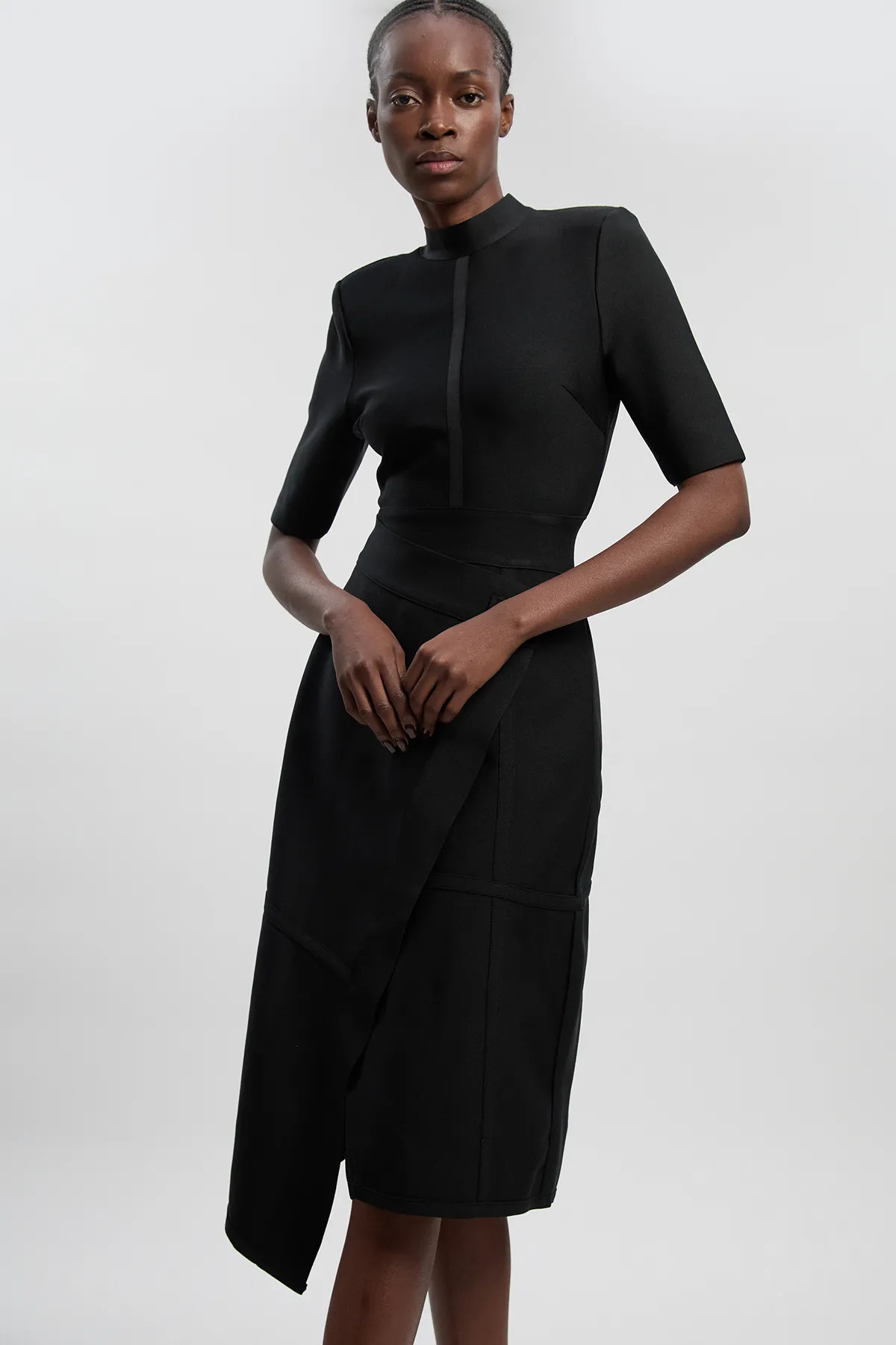 Black Figure Form Bandage Asymmetric Knit Midi Dress | Karen Millen USA | Karen Millen US