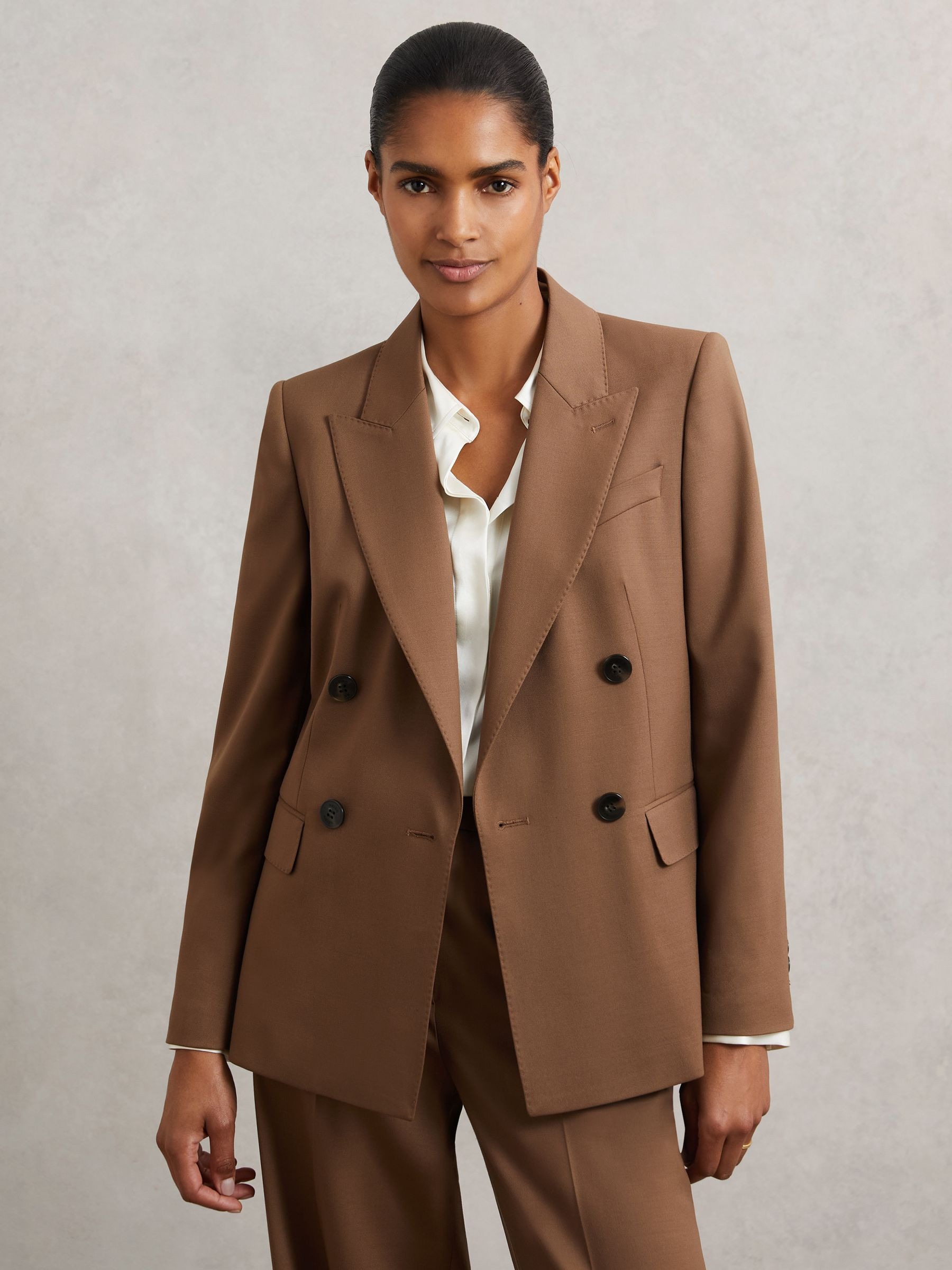 Wool-Blend Double-Breasted Suit Blazer in Tan | Reiss UK