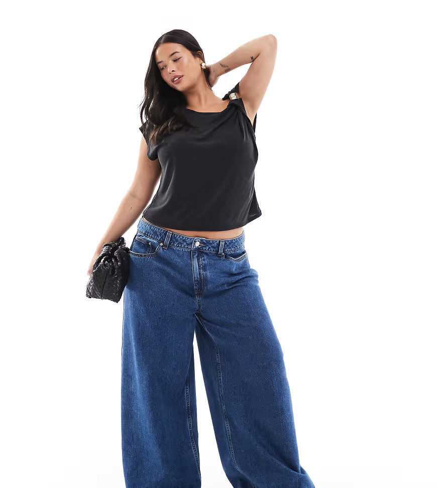 ASOS DESIGN Curve high waist wide leg jeans in midwash blue | ASOS (Global)