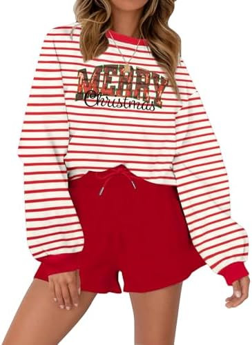 VILOVE Christmas Sweat Shorts Sets Women 2 Piece Merry Xmas Jolly Sequin Outfit Oversized Casual ... | Amazon (US)