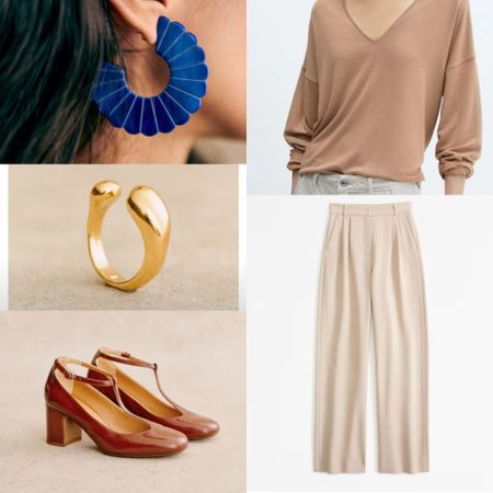 Statement earrings, monochromatic, tonal outfits, brass ring, heels, Mary Janes, work outfit, ootd, blue earrings, camel sweater, trousers 

#LTKunder100 #LTKworkwear #LTKshoecrush