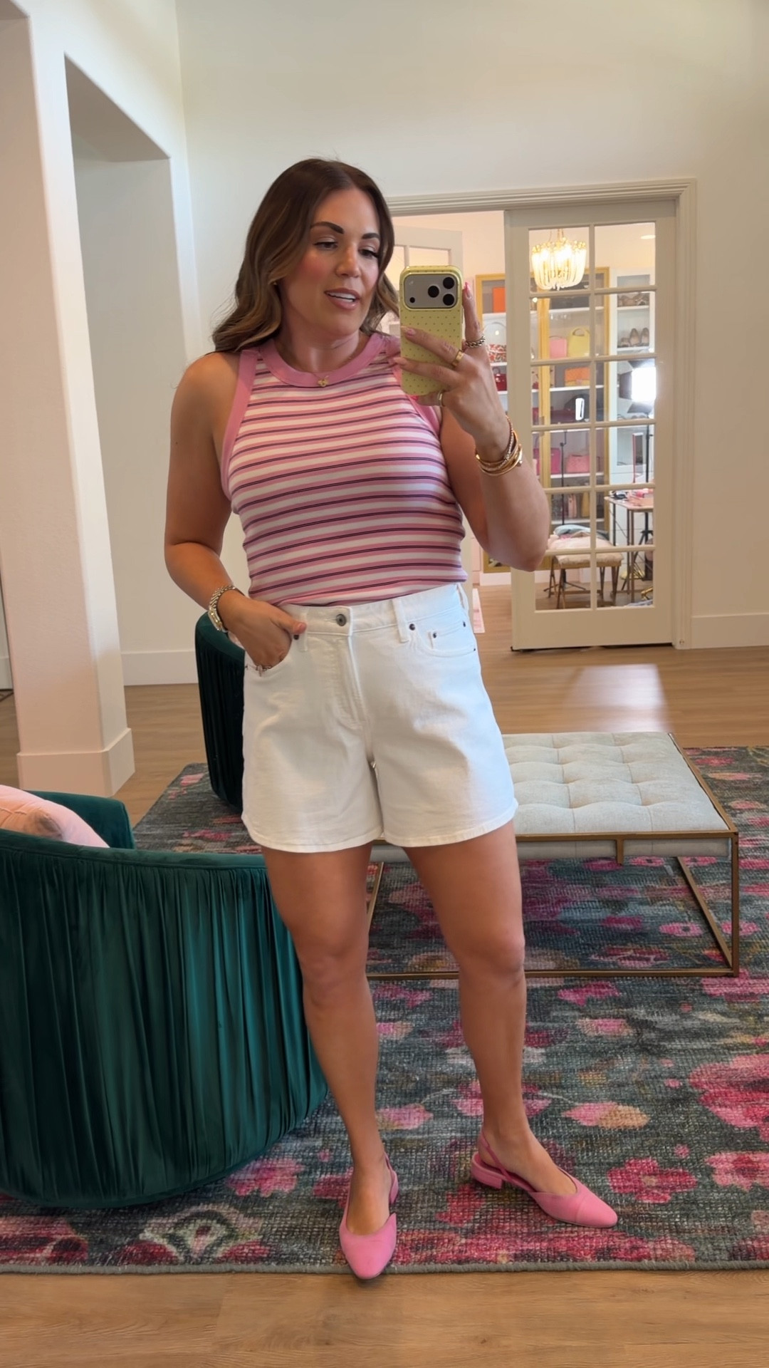 curvy midsize casual mom look! wearing size large in pink striped tank and size 30 in white denim shorts. linked the racerback bra i wear with these tanks! 

#LTKSeasonal #LTKMidsize