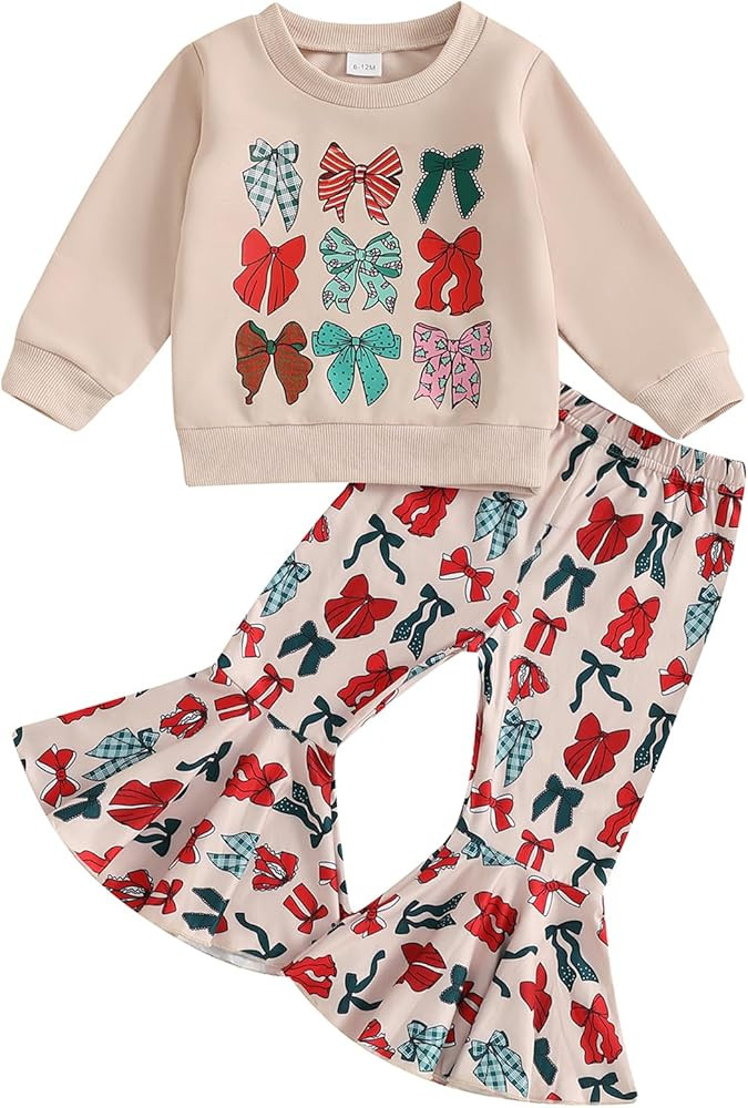 Mubineo Toddler Baby Girl Christmas Clothes Cute Bowknot Floral Outfits Sweatshirt Tops Bell Bott... | Amazon (US)